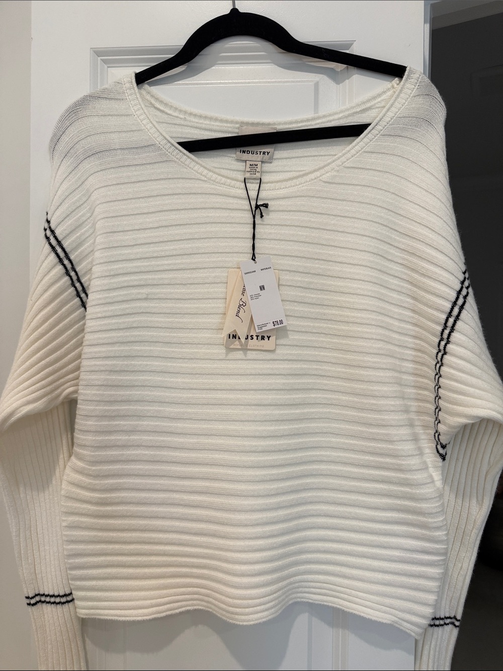 INDUSTRY White Ribbed Crewneck Sweater with Contrast Stitch